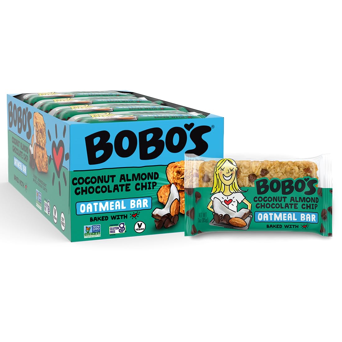 Bobo's Coconut Almond Chocolate Chip Oat Bars, Gluten Free, Non-GMO, Whole Grain Oats, Pack of 12 | Snack Bars | On-the-Go | Made with Simple Ingredients