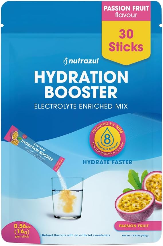 nutrazul Hydration Booster, Electrolytes Powder Sticks with Sodium, Potassium, Vitamin B6 & B12, No Artificial Sweeteners, Passion Fruit Flavor, 30 Sticks