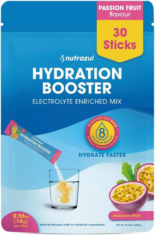 nutrazul Hydration Booster, Electrolytes Powder Sticks with Sodium, Potassium, Vitamin B6 & B12, No Artificial Sweeteners, Passion Fruit Flavor, 30 Sticks