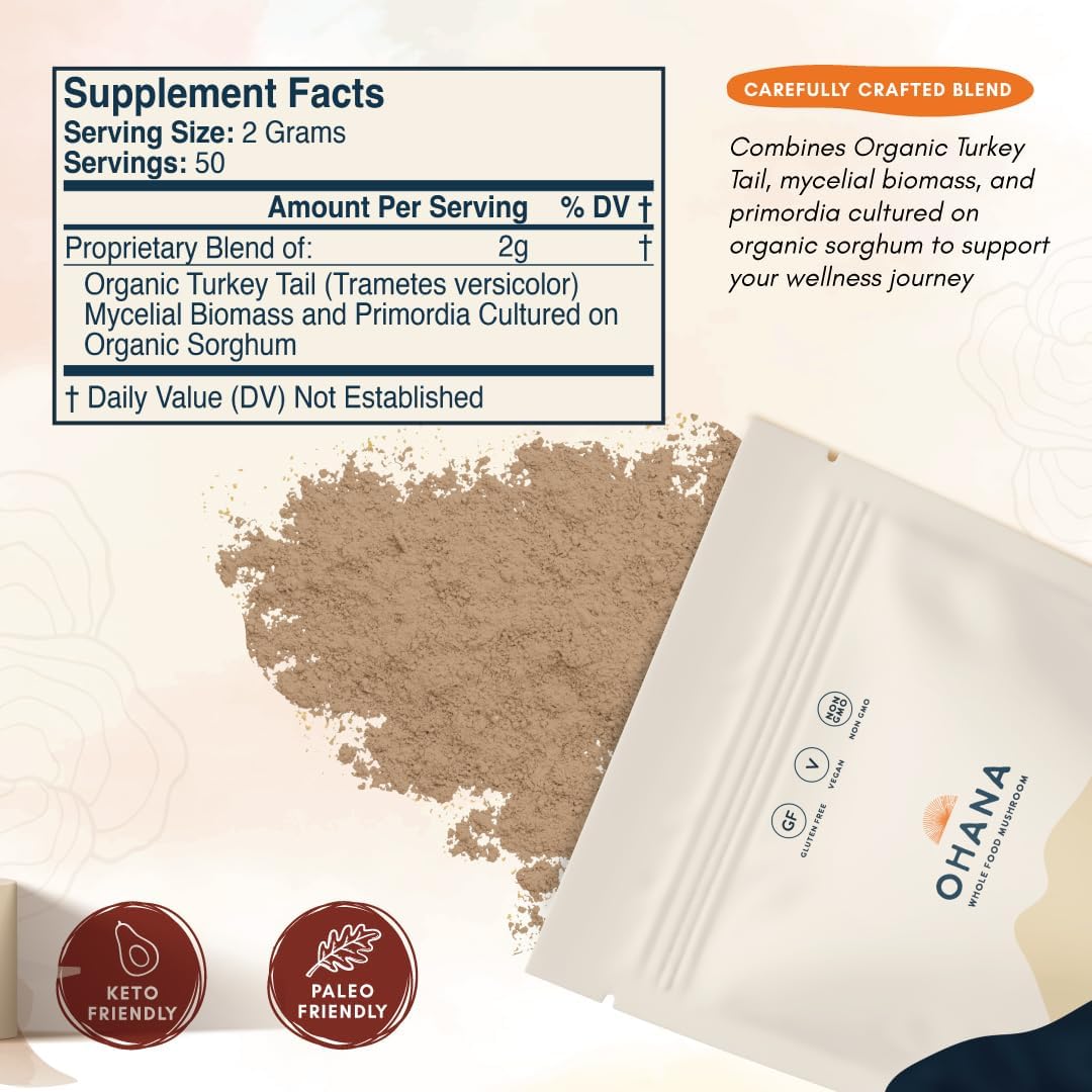 Ohana Turkey Tail, Organic Mushrooms Powder Blend, USDA-Organic Whole Food Mushroom Supplement, Non-GMO, Gluten-Free, 3.53 oz Bag, Pack of 1