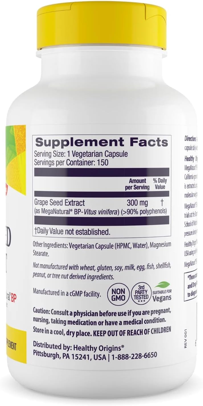 Healthy Origins Grape Seed Extract 300 mg (MegaNatural BP, Non-GMO, California-Grown, Gluten Free, Supports Healthy Blood Pressure), 150 Veggie Caps