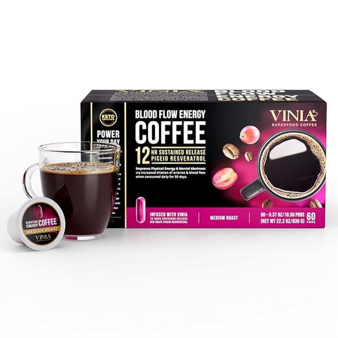 VINIA Medium Dark Roast with Red Grape Piceid Resveratrol, Nitric Oxide for Heart Health, Alertness, Physical Energy & Blood Flow Circulation. 60ct K-Cup Pods