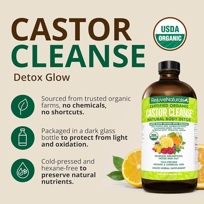 RejuveNaturals Castor Cleanse™ - USDA Organic Castor Oil, Chlorella, Spirulina, Roots & Greens for Wellness, Digestive Support, Daily Balance. 3-Month Supply Gut Cleanse Detox for Women & Men - 16oz.