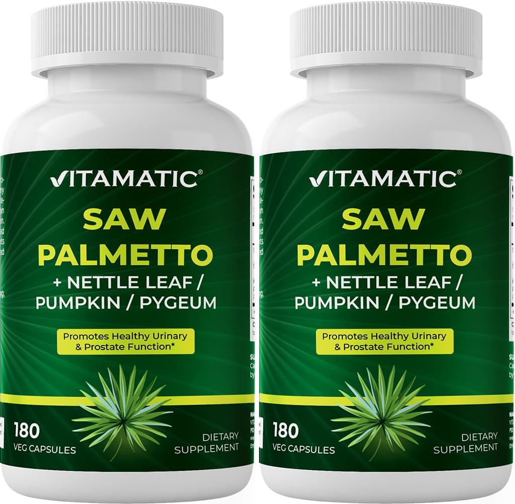 Vitamatic Saw Palmetto Extract for Men & Women 180 Veg Capsules - Made with Pumpkin Seed, Pygeum, Nettle Leaf - Made in The USA - Promotes Healthy Prostate Function-2 Pack