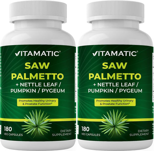 Vitamatic Saw Palmetto Extract for Men & Women 180 Veg Capsules - Made with Pumpkin Seed, Pygeum, Nettle Leaf - Made in The USA - Promotes Healthy Prostate Function-2 Pack