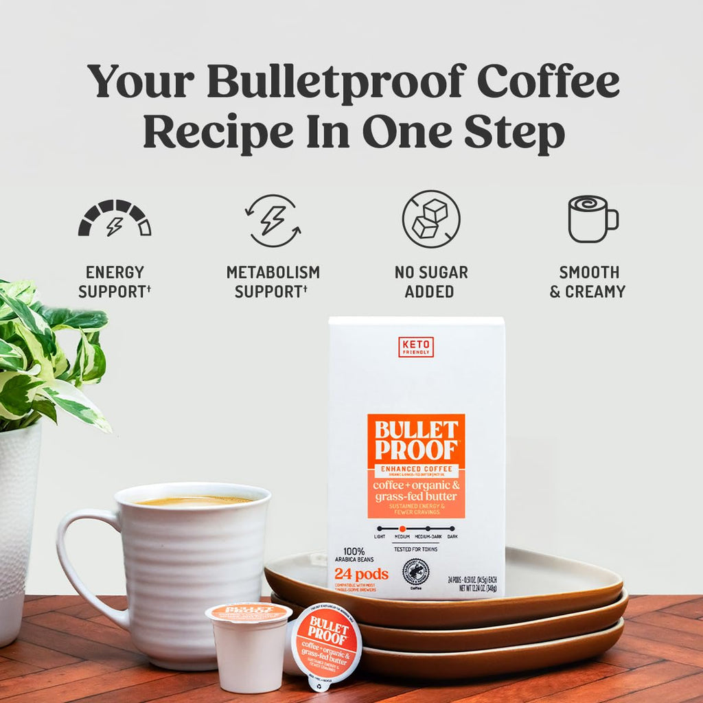 Bulletproof Coffee + Organic Grass-Fed Butter Single-Serve Pods, 10 Count, Keto Coffee, All-in-one Recipe with MCT Oil and Butter, Packaging May Vary (Pack of 2)