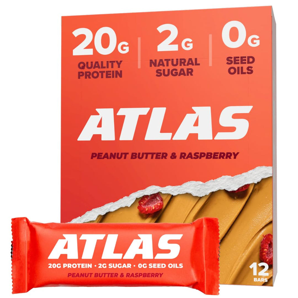 Atlas Bar – 20g Protein, 1g Sugar, 0g Seed Oils, 0g Artificial Sweeteners (12 Count, Peanut Butter Raspberry)
