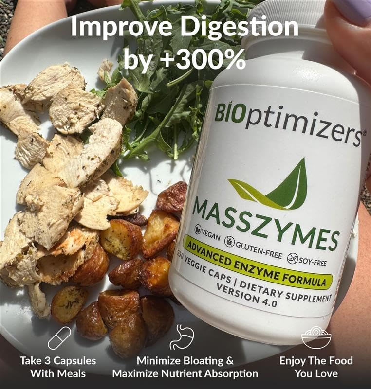 BIOptimizers MassZymes - Complete Digestive Enzymes Supplement for Gut Health - Bloating Relief for Men and Women - Lipase Amylase Bromelain Digestive Enzymes (120 Capsules)