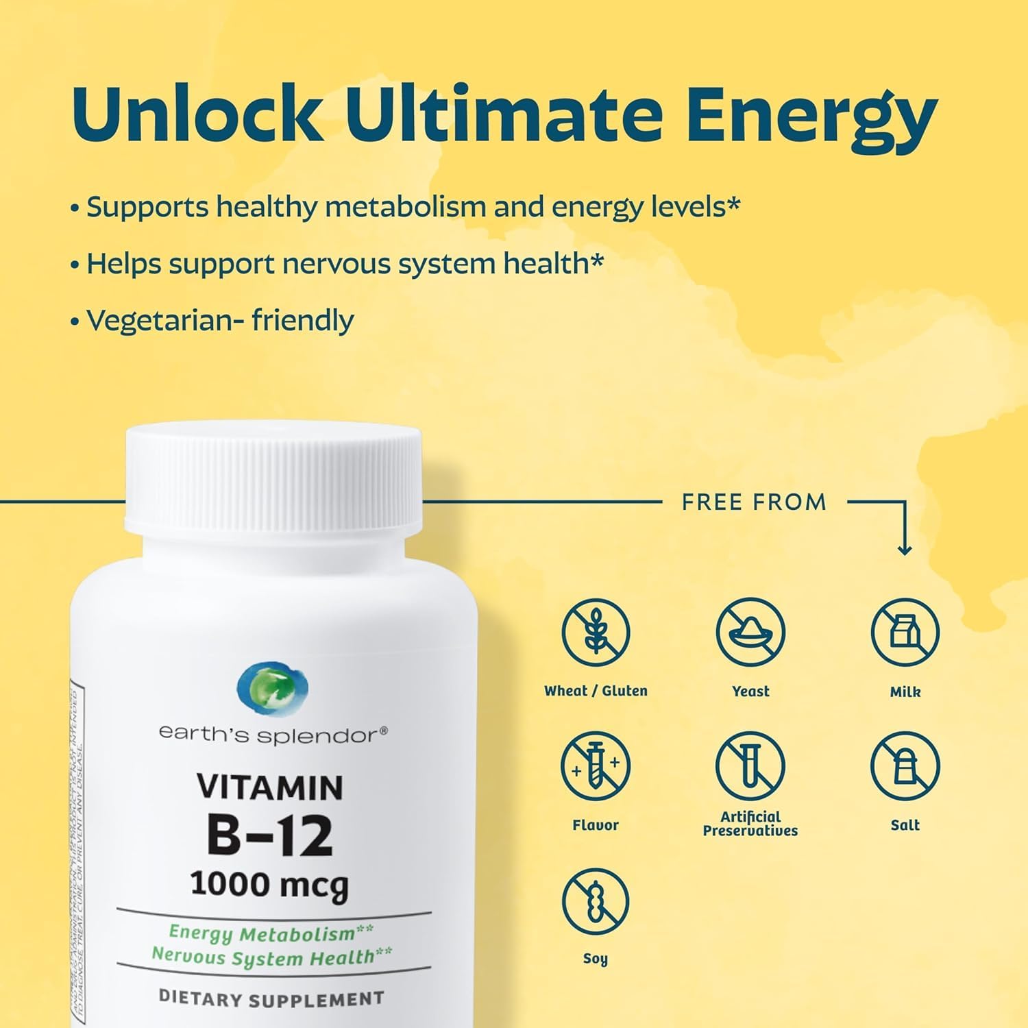 Earth's Splendor Energy + Muscle Support Energy Supplements: Vitamin B12 & Magensium, Gluten & Wheat Free, No Artificial Flavors & Preservative: Helps Metabolism, Bone & Muscle Health