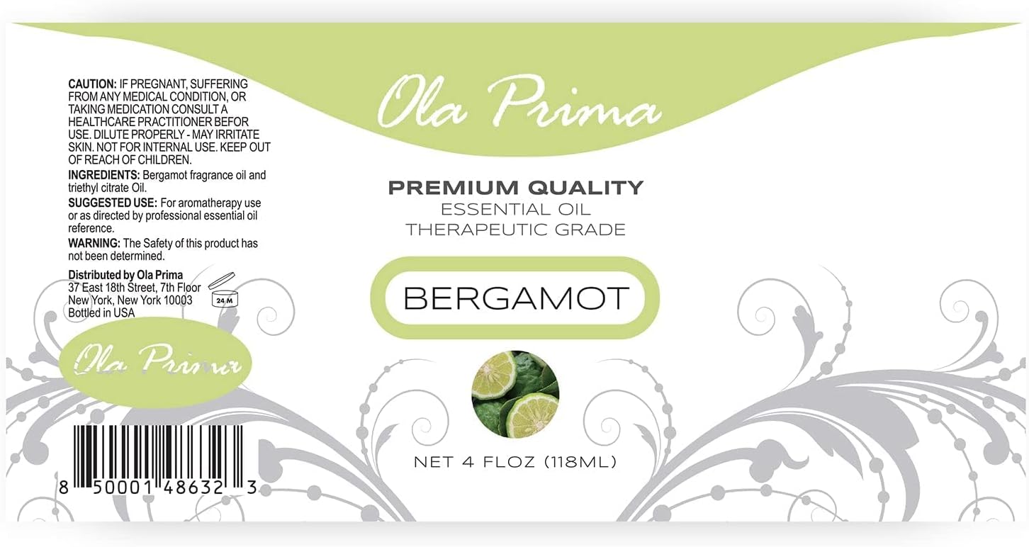 Ola Prima Bergamot Essential Oil - Therapeutic Grade for Aromatherapy, Diffuser, Skin, Hair, Massage, Stress, Dropper - 4 fl oz - Bergamot Oil