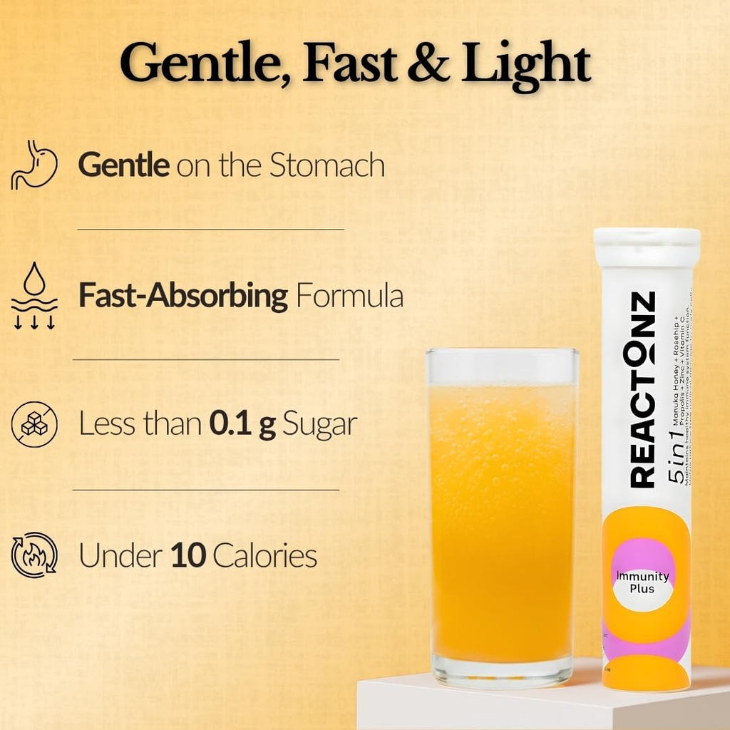 5 in 1 Immunity Plus – Immune Support & Antioxidant Supplement – Vitamin C, Zinc, Manuka Honey, Rosehip & Propolis – Natural Zesty Orange Flavor – 60 Day Supply Effervescent Tablets