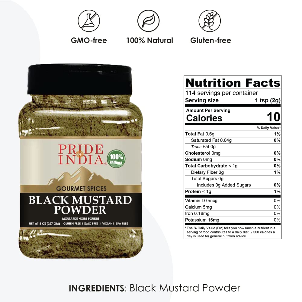 Pride of India - PACK of 6 - Black Mustard Seed Ground-Perfect Ingredient in Spice Blends-Spice up Pickles/Curries/Stews-Additives Free/Gourmet Spice-Easy to Store – 8 oz. Medium Dual Sifter Jar