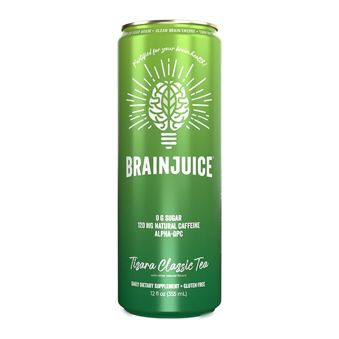 BrainJuice Brain Health Support Drink for Energy & Focus, Vitamin C, B5, B6 & B12, L Theanine, Alpha GPC & Natural Caffeine from Green Tea, Vegan, Gluten Free, Tisara Classic Tea, 12 Oz Can, 6 Pack