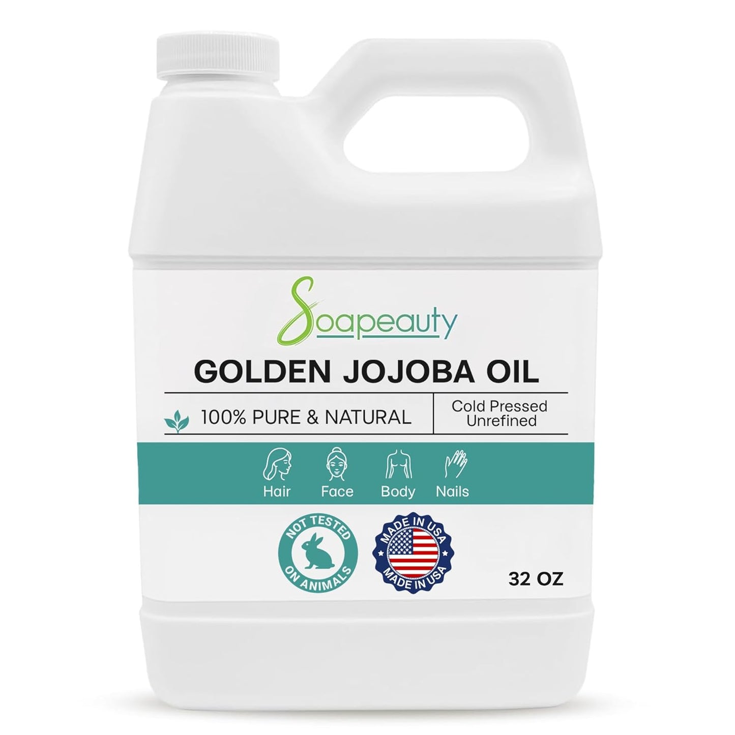Soapeauty Golden Jojoba Oil | 100% Pure & Natural | Unrefined, Cold Pressed, Hexane Free | Moisturizing Oil for Skin, Face, Hair & Nails | 32 Fl Oz