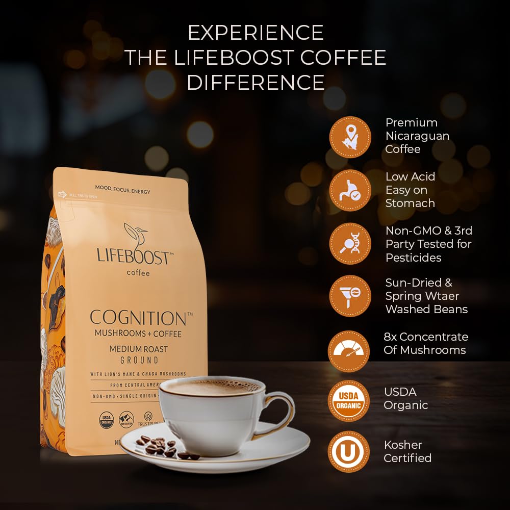 Lifeboost Cognition Adaptogenic Mushroom Coffee - Great Tasting Organic Lions Mane & Chaga Medium Roast Nootropic Coffee - Increase Energy, Boost Focus & Immune Support - 12 oz Bag - Ground