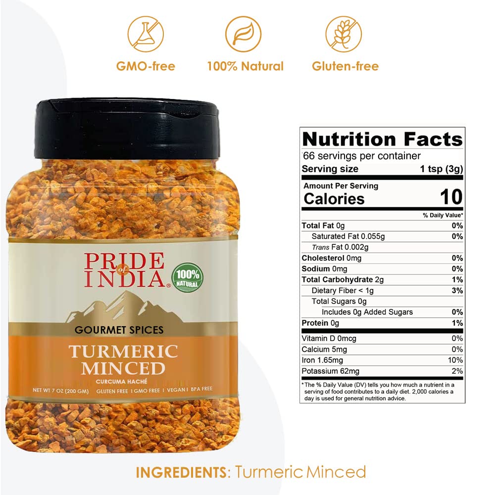 Pride of India - PACK of 6 - Turmeric Minced Whole – Gourmet Spice – Curcumin Rich Properties – No Additives Gluten – Easy to Use – 7 oz. Medium Dual Sifter Jar