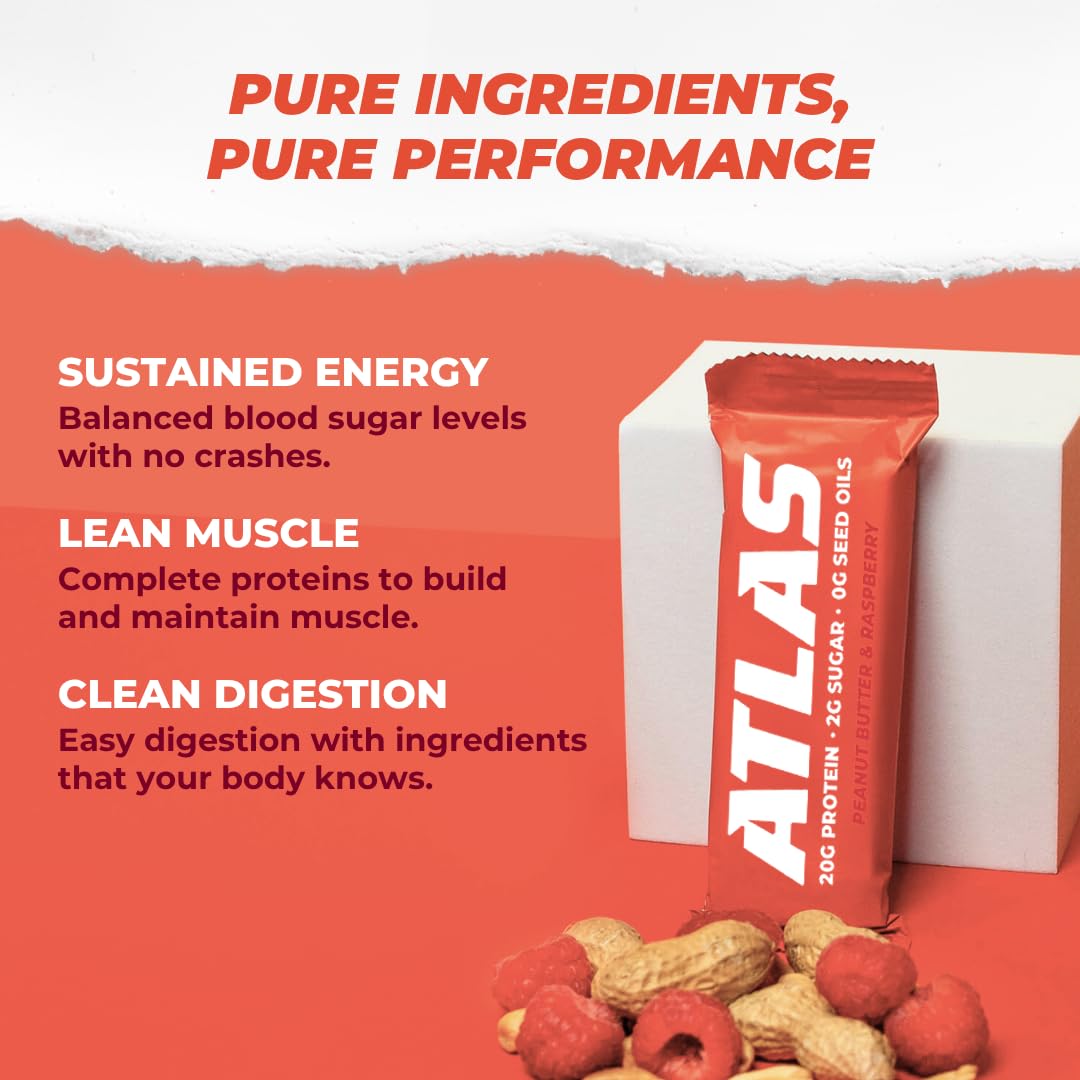 Atlas Bar – 20g Protein, 1g Sugar, 0g Seed Oils, 0g Artificial Sweeteners (36 Count, Peanut Butter Raspberry)