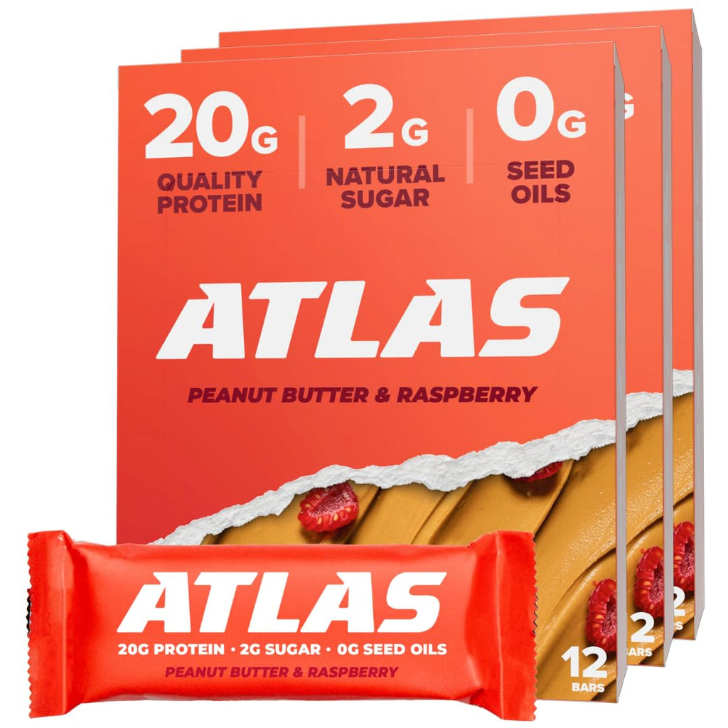 Atlas Bar – 20g Protein, 1g Sugar, 0g Seed Oils, 0g Artificial Sweeteners (36 Count, Peanut Butter Raspberry)