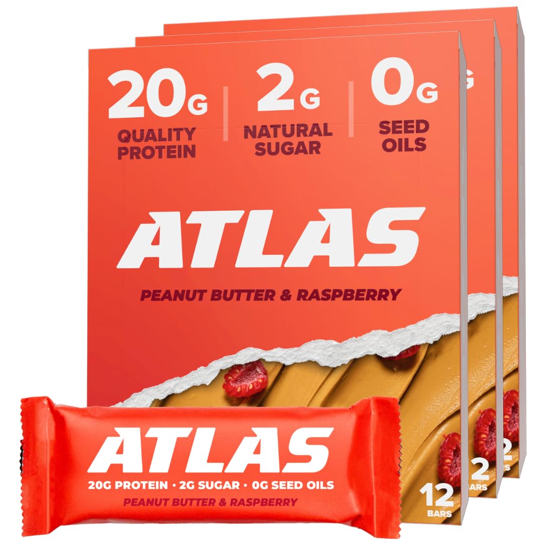 Atlas Bar – 20g Protein, 1g Sugar, 0g Seed Oils, 0g Artificial Sweeteners (36 Count, Peanut Butter Raspberry)