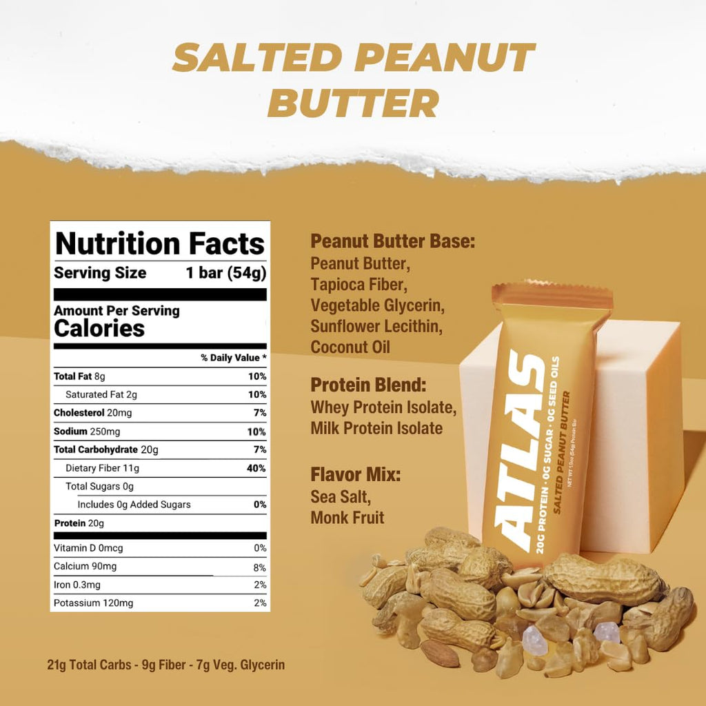 Atlas Bar – 20g Protein, 1g Sugar, 0g Seed Oils, 0g Artificial Sweeteners (Salted Peanut Butter, 36 Count)