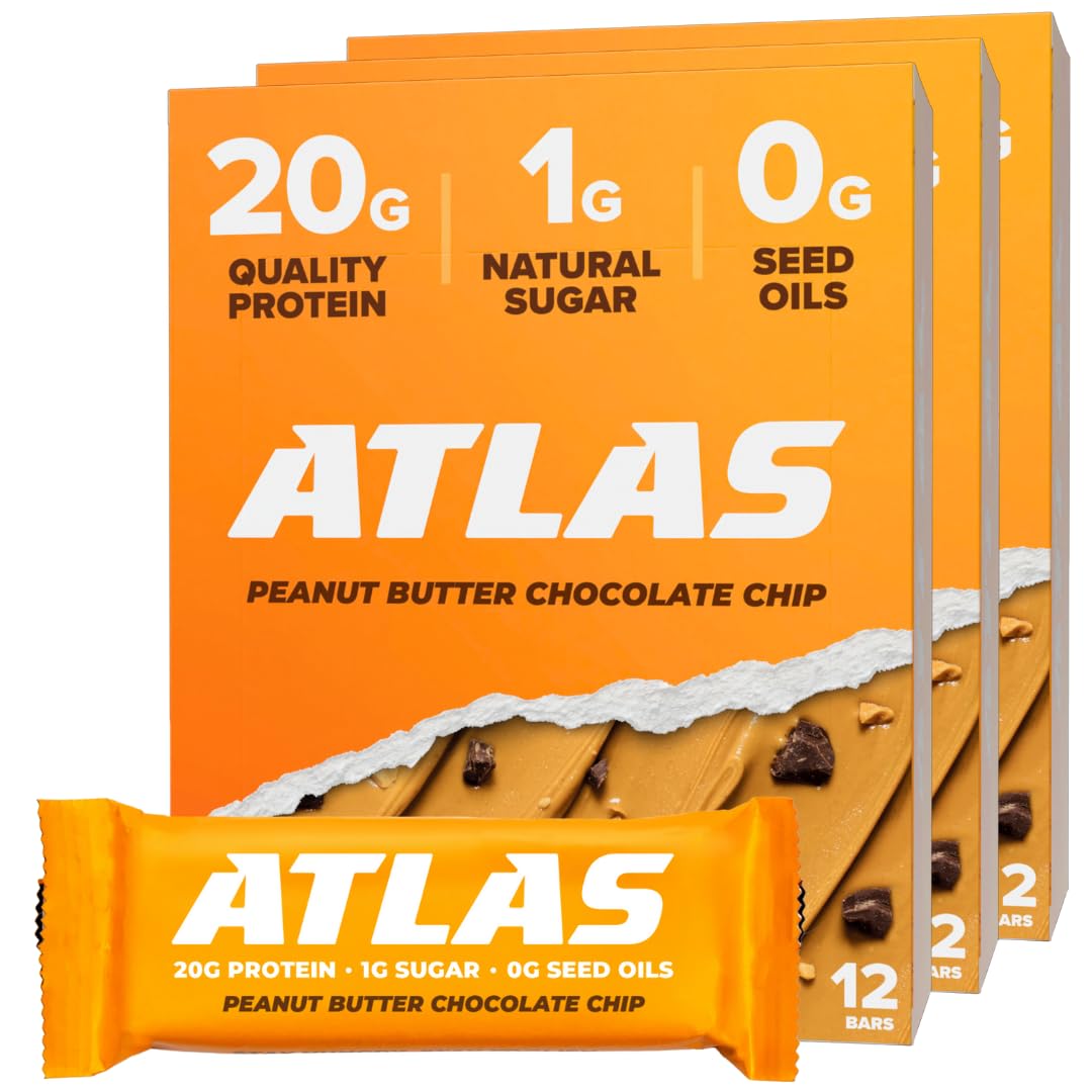 Atlas Bar – 20g Protein, 1g Sugar, 0g Seed Oils, 0g Artificial Sweeteners (Peanut Butter Chocolate Chip, 36 Count)