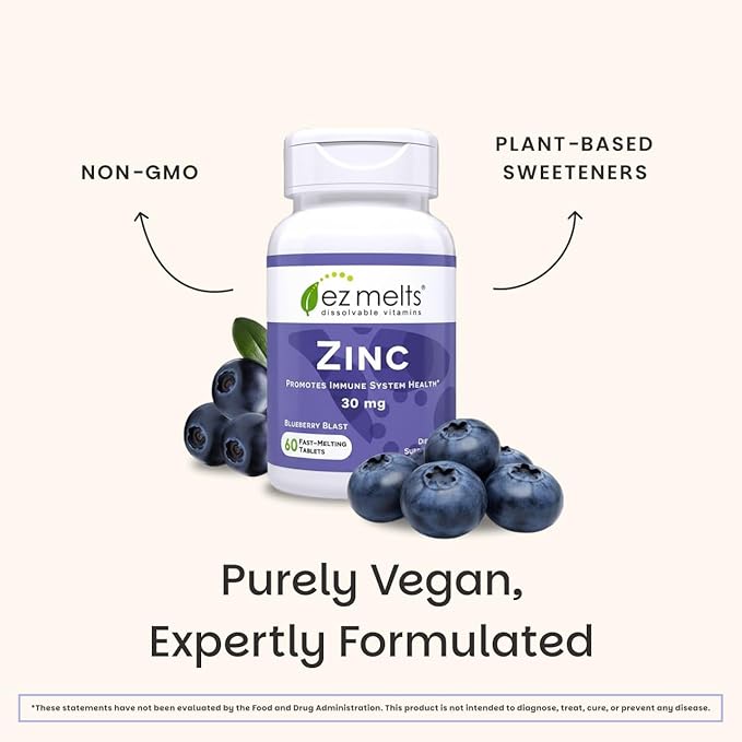 EZ Melts Zinc - Supplement for Immune, Digestive & Skin Health Support - Non-GMO, Vegan & Gluten-Free - Blueberry Blast - 60 Dissolvable Tablets (60 Servings)