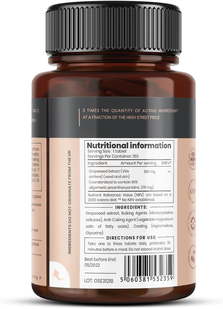 pureclinica Grape Seed Extract 300mg x 180 Tablets - 90% Oligomeric Proanthocyanidins. 300% Stronger Than Regular Grape Seed.