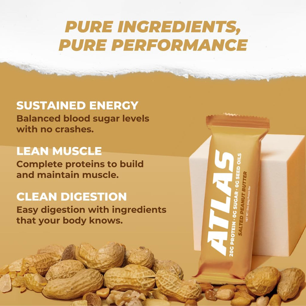 Atlas Bar – 20g Protein, 1g Sugar, 0g Seed Oils, 0g Artificial Sweeteners (Salted Peanut Butter, 36 Count)