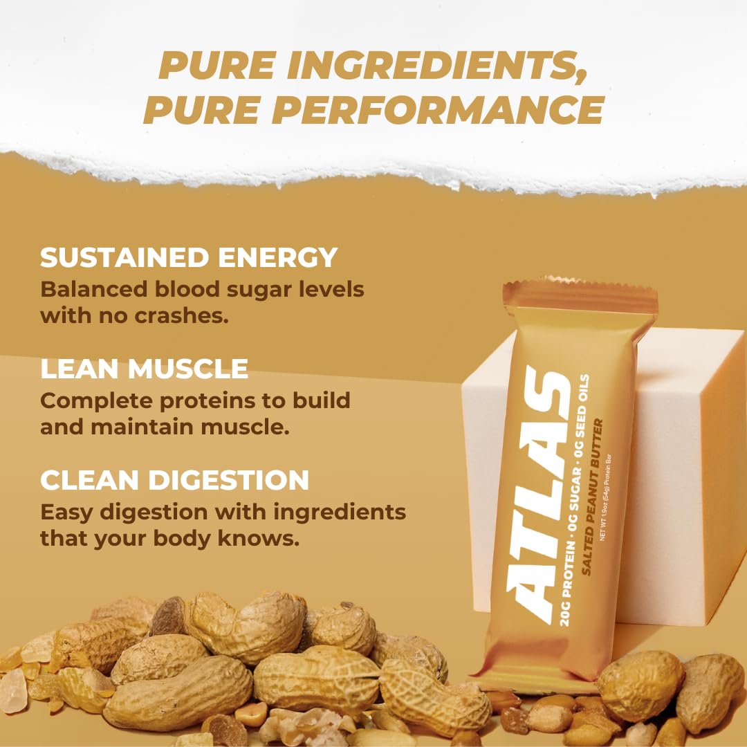 Atlas Bar – 20g Protein, 1g Sugar, 0g Seed Oils, 0g Artificial Sweeteners (Salted Peanut Butter, 24 Count)