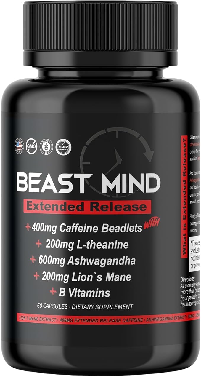 Beast Mind Extended Release Extreme Energy Pills | 400mg XR Caffeine | 600mg Ashwagandha | 200mg Lion's Mane, Increased Energy & Focus, Natural Nootropic Labs