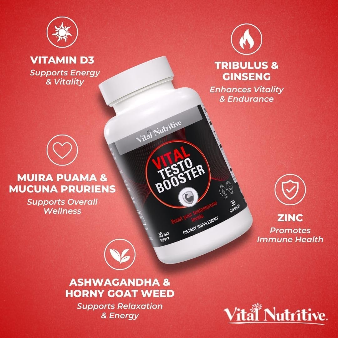 Vital Testo Booster - Natural Testosterone Support Supplement for Men | Promotes Energy, Stamina, and Vitality | Men’s Health | Made in USA | 30 Days Supply