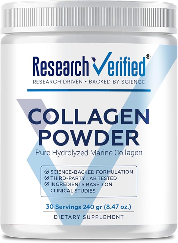 Research Verified® Collagen Powder - Hydrolyzed Marine Collagen Peptides - Unflavored - Skin Hydration and Elasticity, Muscle Recovery, Non GMO - 30 Scoops Per Container - 1 Month Supply