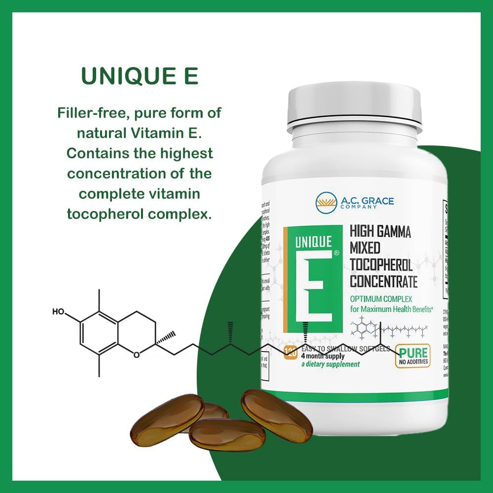 UNIQUE E A.C. Grace Company Mixed Tocopherols 120 Soft Gels, Supports Healthy Brain Function, General Health, and Aging Support, All-Natural Vitamin E and Kosher
