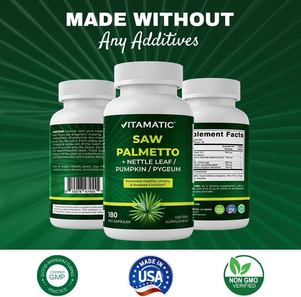Vitamatic Saw Palmetto Extract for Men & Women 180 Veg Capsules - Made with Pumpkin Seed, Pygeum, Nettle Leaf - Made in The USA - Promotes Healthy Prostate Function-2 Pack
