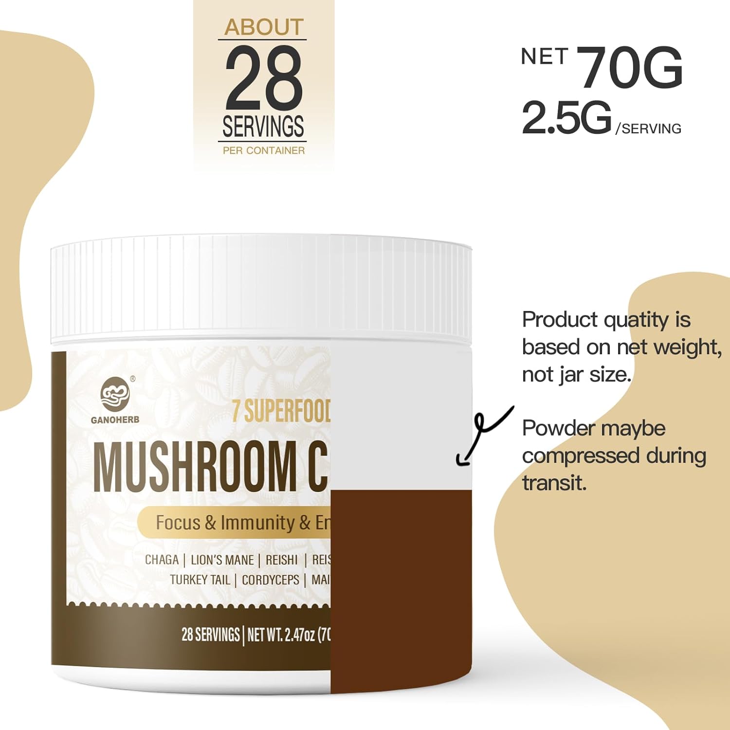 GANOHERB Mushroom Coffee Instant Powder, Medium Roast Arabica Coffee with Lion’s Mane, Chaga, Turkey Tail, Reishi, Maitake, Cordyceps for Focus & Energy, 28 Servings