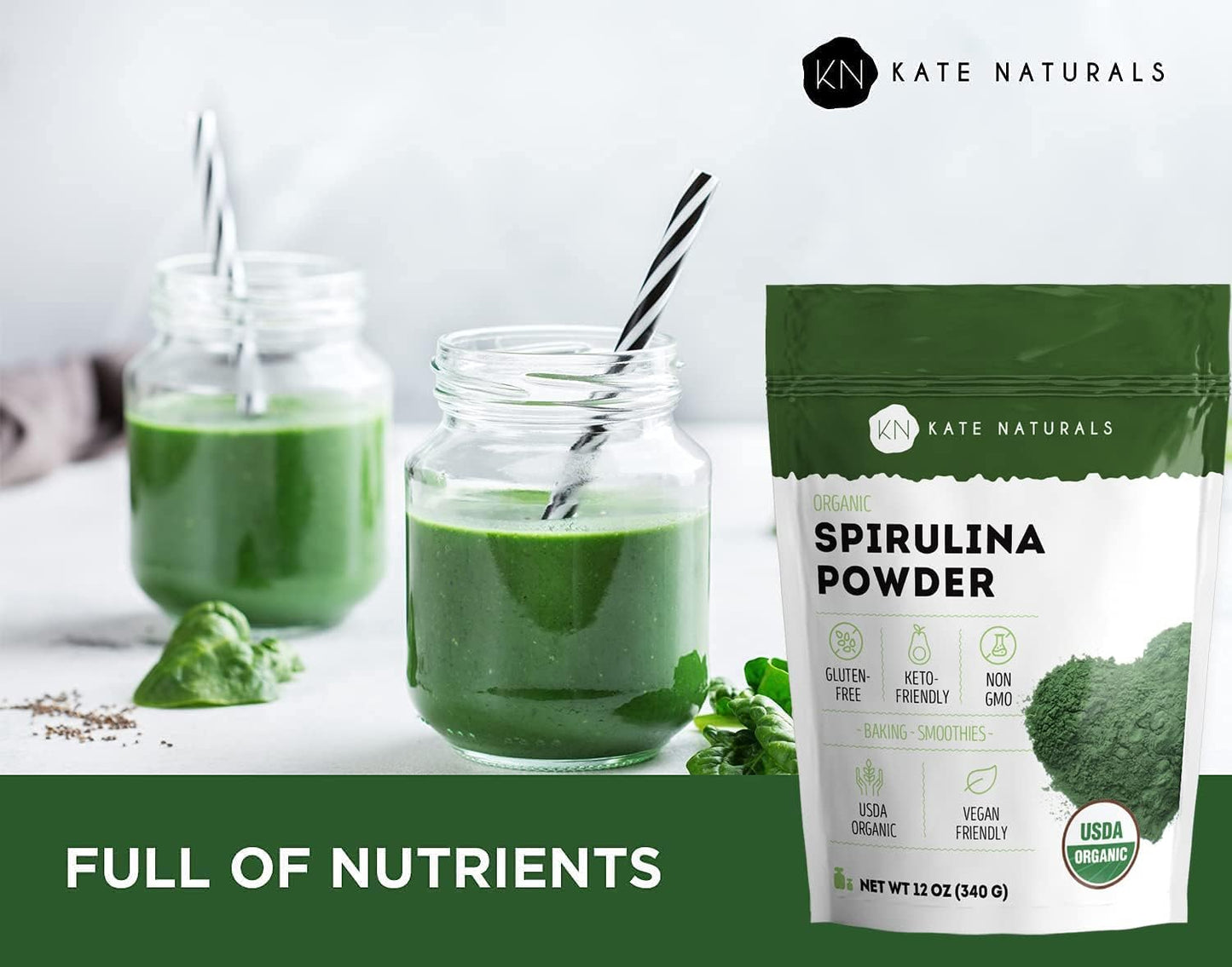 Kate Naturals Organic Spirulina Powder. Nutrient Dense Superfood Supplement (12 oz, USDA Certified, Non-GMO, Gluten- Free)