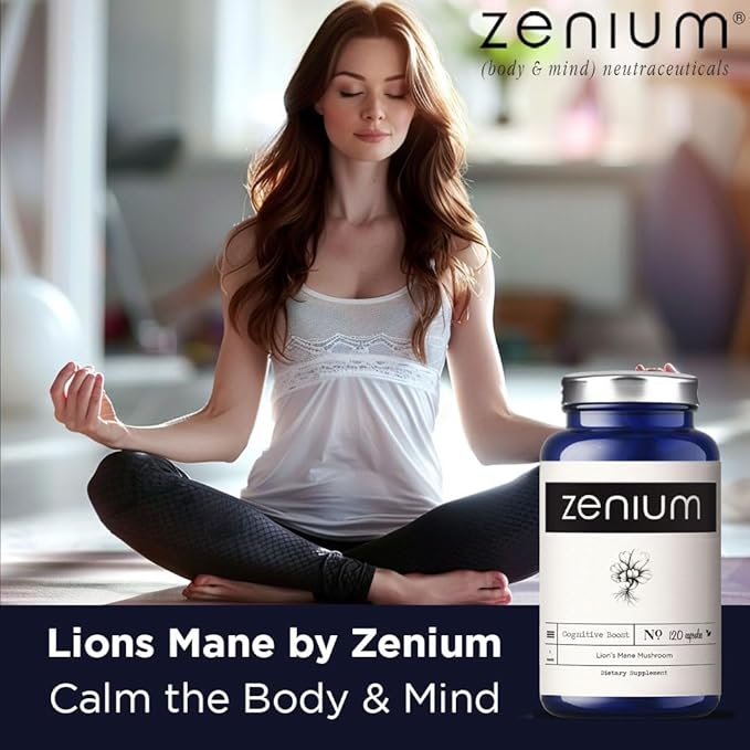 Zenium Lion's Mane Mushroom Cognition 1000mgs per Serving | 120 Capsules | Brain Focus Supplement | Powder Extract | Calm Mind & Body | Ayurvedic | Relieve Tension, Worry, Nervousness, Irritability