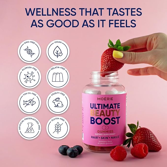 Moerie Hair Skin and Nails Gummies for Women & Men - Biotin for Hair Loss, Gummy Vitamins & Growth Dietary Supplements - Sugarbear for Thicker Hair - Allergen Free - 60 per Serving - Balanced Diet