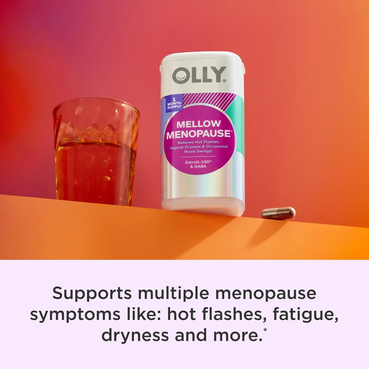 OLLY Mellow Menopause Supplements for Women, Supports Hot Flashes, Vaginal Dryness & Occasional Mood Swings,* Estro-G100®, GABA, Vegan Capsules, 1 Month Supply - 30 Count