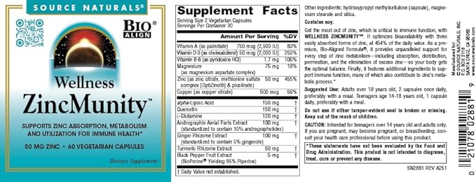 Source Naturals Wellness ZincMunity, Supports Zinc Absorption, Metabolism and Utilization for Immune Heath*, 50 mg Zinc - 60 Vegetarian Capsules
