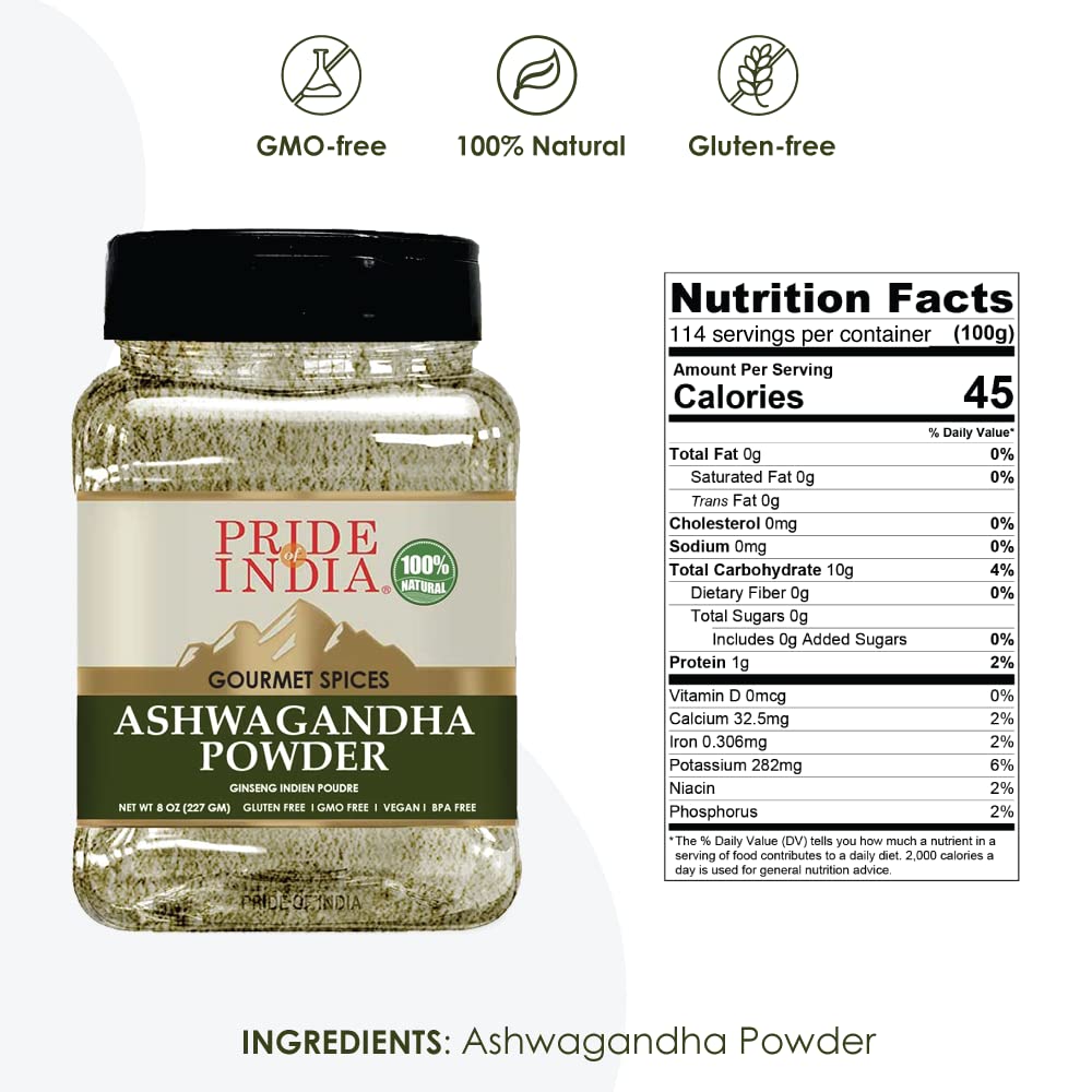 Pride Of India - PACK of 6 - Natural Ashwagandha Root Ground – Health Benefits – Good for Energy Level/Body Functions – No Gluten/Additives – Easy to Store – 8 oz. Medium Dual Sifter Jar