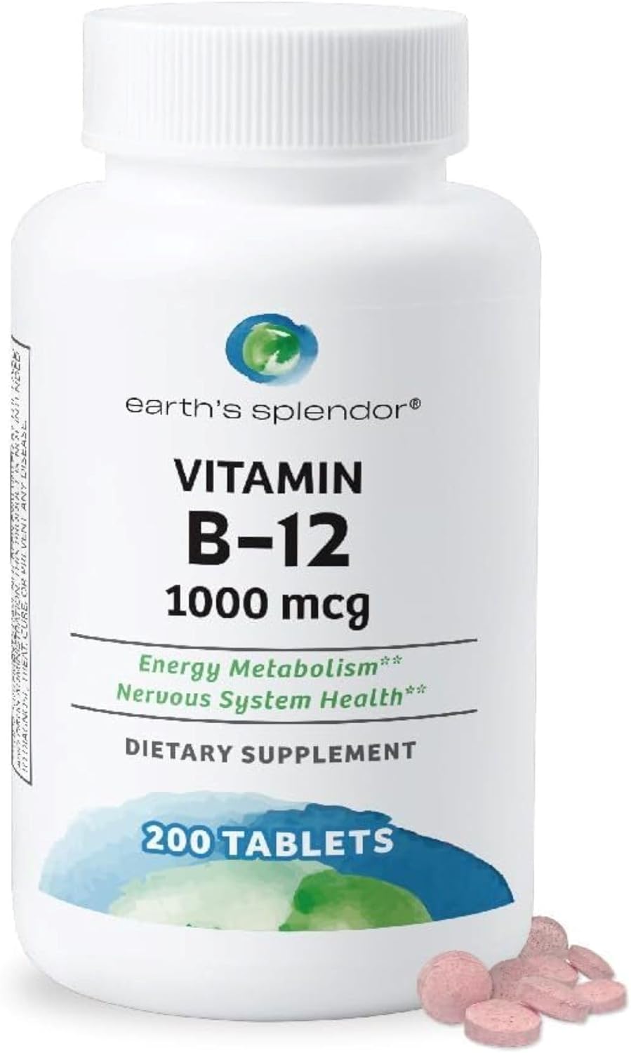 Earth's Splendor Energy Supplements, with Vitamin B12, No Artificial Color or Flavor, Gluten Free, Energy Metabolism Support (1000mcg, 200 Tablets)