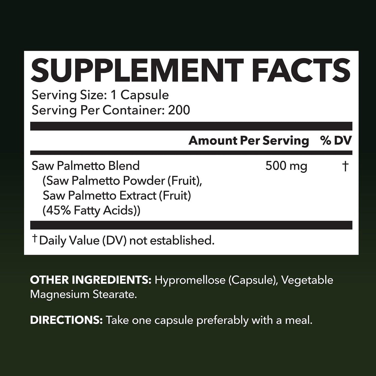 Saw Palmetto for Men Prostate Health Supplement to Promote Urinary Tract Function - 500mg Per Serving - 200 Count - DHT Blocker Hair Vitamin - Vegan, Non-GMO Capsules, Over 6 Month Supply