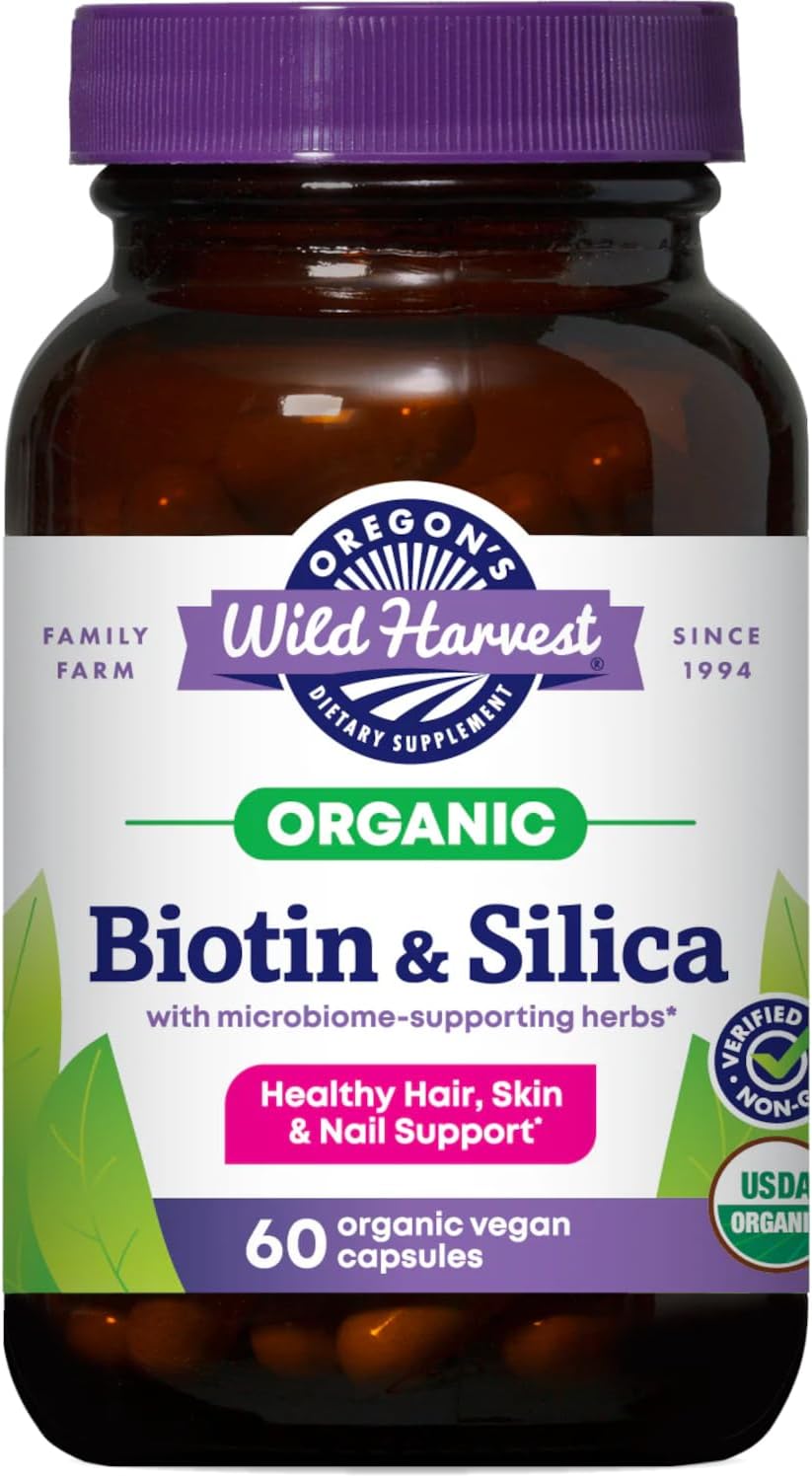 Oregon’s Wild Harvest Biotin & Silica – USDA Certified Organic, Vegan Capsules for Hair, Skin & Nail Support with Microbiome-Supporting Herbs – Non-GMO, 60 Count