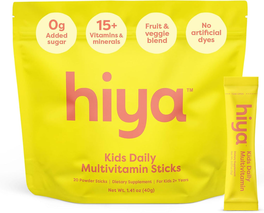 Hiya Kids Multivitamin – 15+ Essential Vitamins & Minerals with Fruits & Veggies for Ages 2+, Supports Growth, Development & Immune, 0g Sugar – 20 Stick Packs for Toddlers & Kids