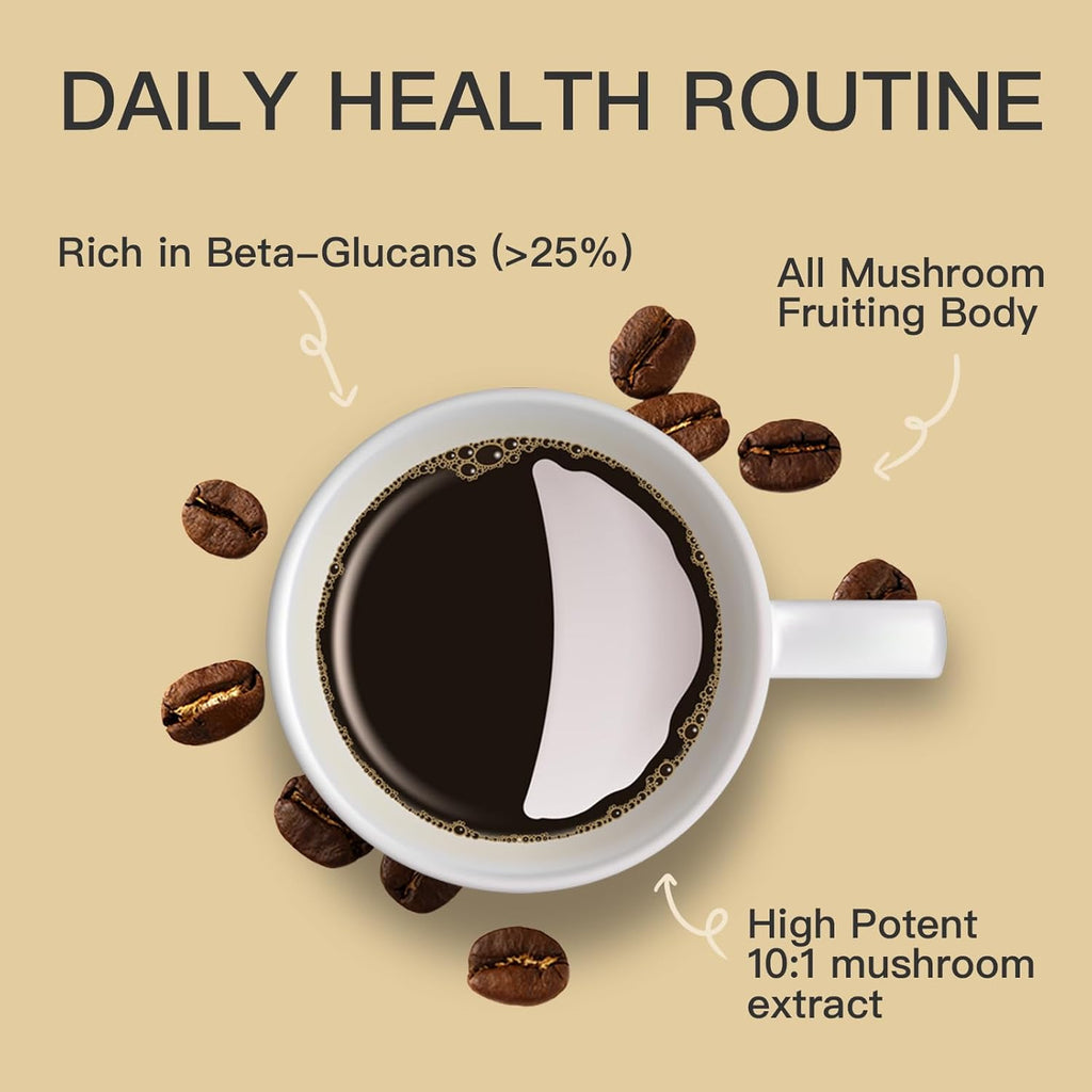 GANOHERB Mushroom Coffee Instant Powder, Medium Roast Arabica Coffee with Lion’s Mane, Chaga, Turkey Tail, Reishi, Maitake, Cordyceps for Focus & Energy, 28 Servings