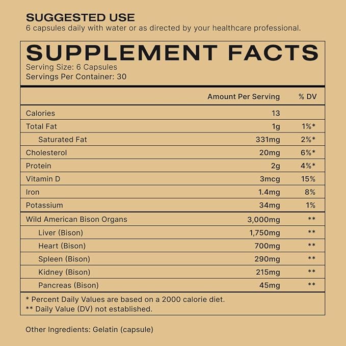 Human Nature Human Potential: Wild & Grass Fed Bison Organ Supplement with 150+ Nutrients for Energy, Focus, Vitality & Immune Support