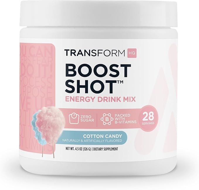 TransformHQ Energy & Focus Powder (Cotton Candy) - Boost Shot Clean Energy Drink Mix - Sugar Free - Non-GMO, Gluten-Free - 28 Servings