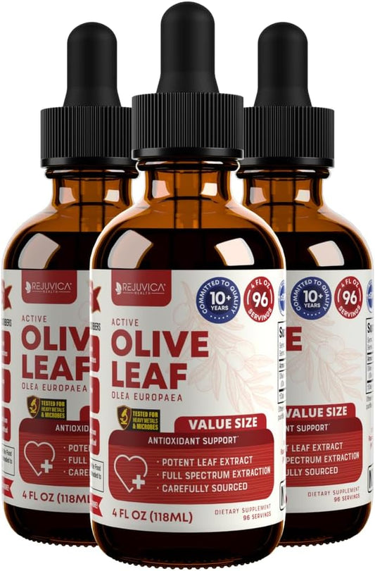 Rejuvica Health Active Olive Leaf 4oz XL Super Size Tincture - Advanced Olive Leaf Liquid Extract - Naturally Occurring Oleuropein - Immune & Heart Support Drops 3 Pack