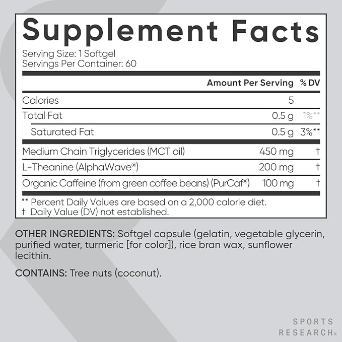 Sports Research L-Theanine Supplement with Caffeine & Coconut MCT Oil - Focused Energy, Alertness & Relaxation Without Drowsiness - 200mg L Theanine, 100mg Organic Caffeine - 60 Liquid Softgels